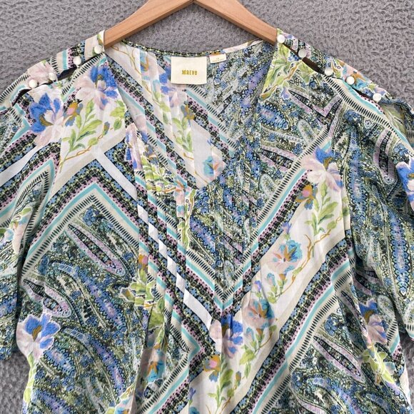 Maeve Anthropologie Top Womens 12 Blue Multi Floral Pleated Short Kimono Sleeve - Picture 2 of 9